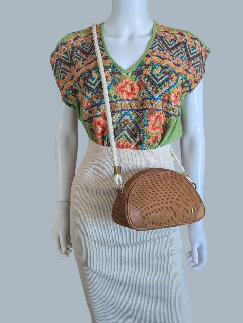 vintage Bally half-moon shoulder bag made of tan perforated suede leather